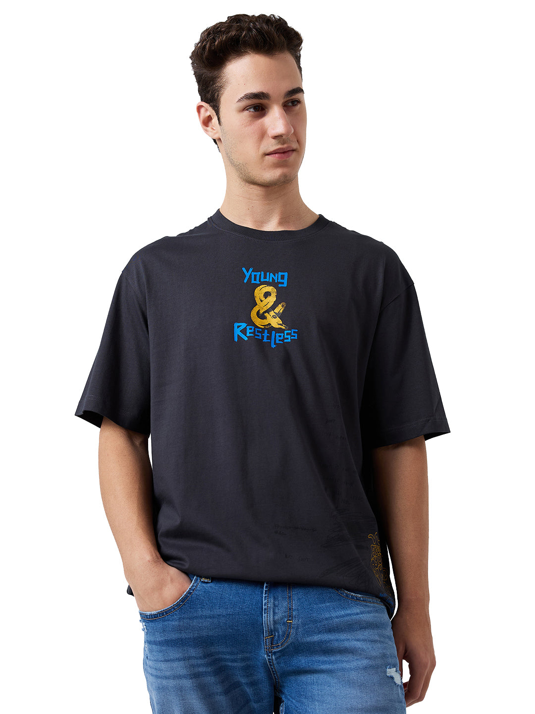 Men's Grey Casual Relaxed Fit Printed Tshirt