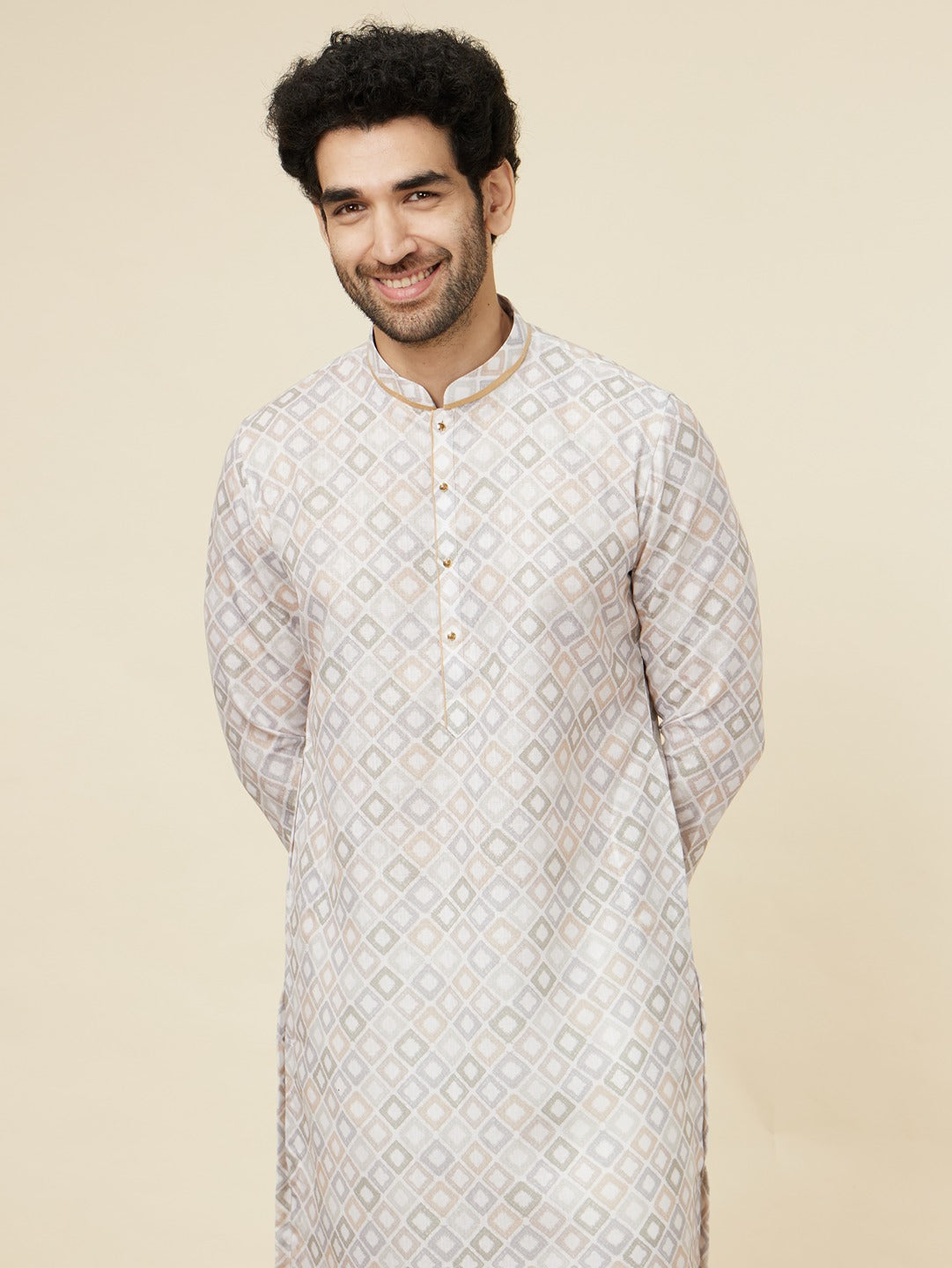 Men's Silver Ethnic Regular Fit Printed Full Sleeves Kurta