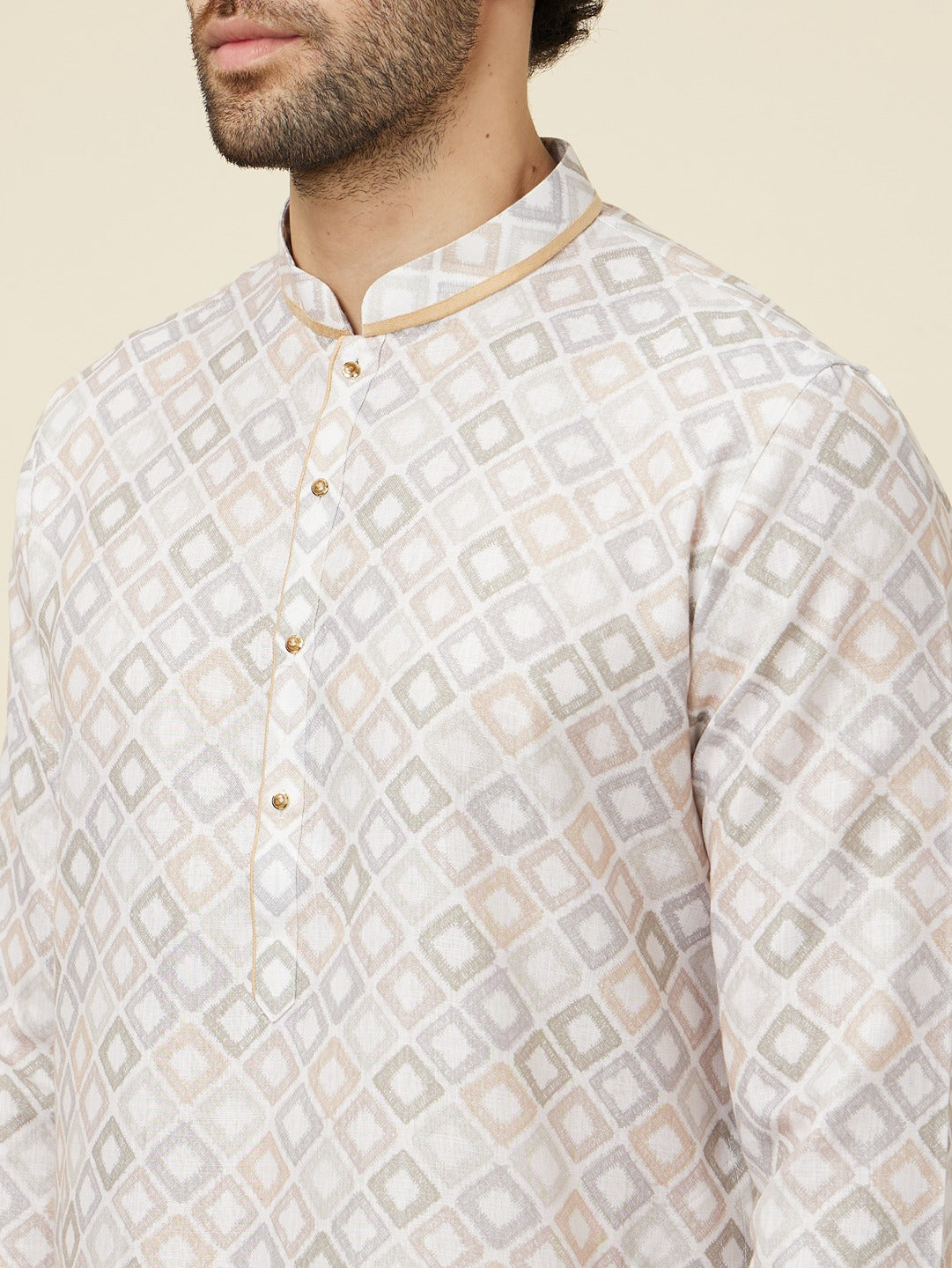 Men's Silver Ethnic Regular Fit Printed Full Sleeves Kurta
