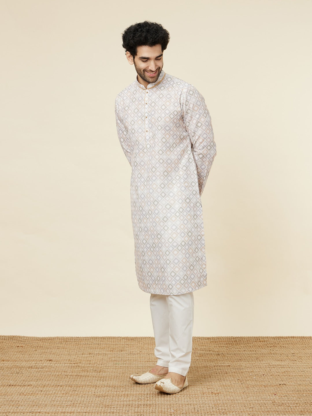 Men's Silver Ethnic Regular Fit Printed Full Sleeves Kurta