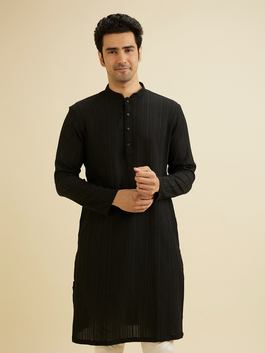 Men's Black Ethnic Regular Fit Solid Full Sleeves Kurta