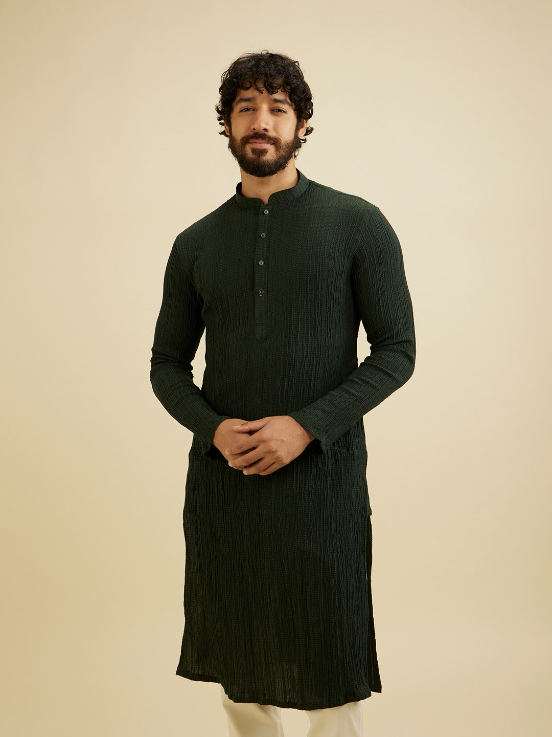 Men's Green Ethnic Regular Fit Solid Full Sleeves Kurta