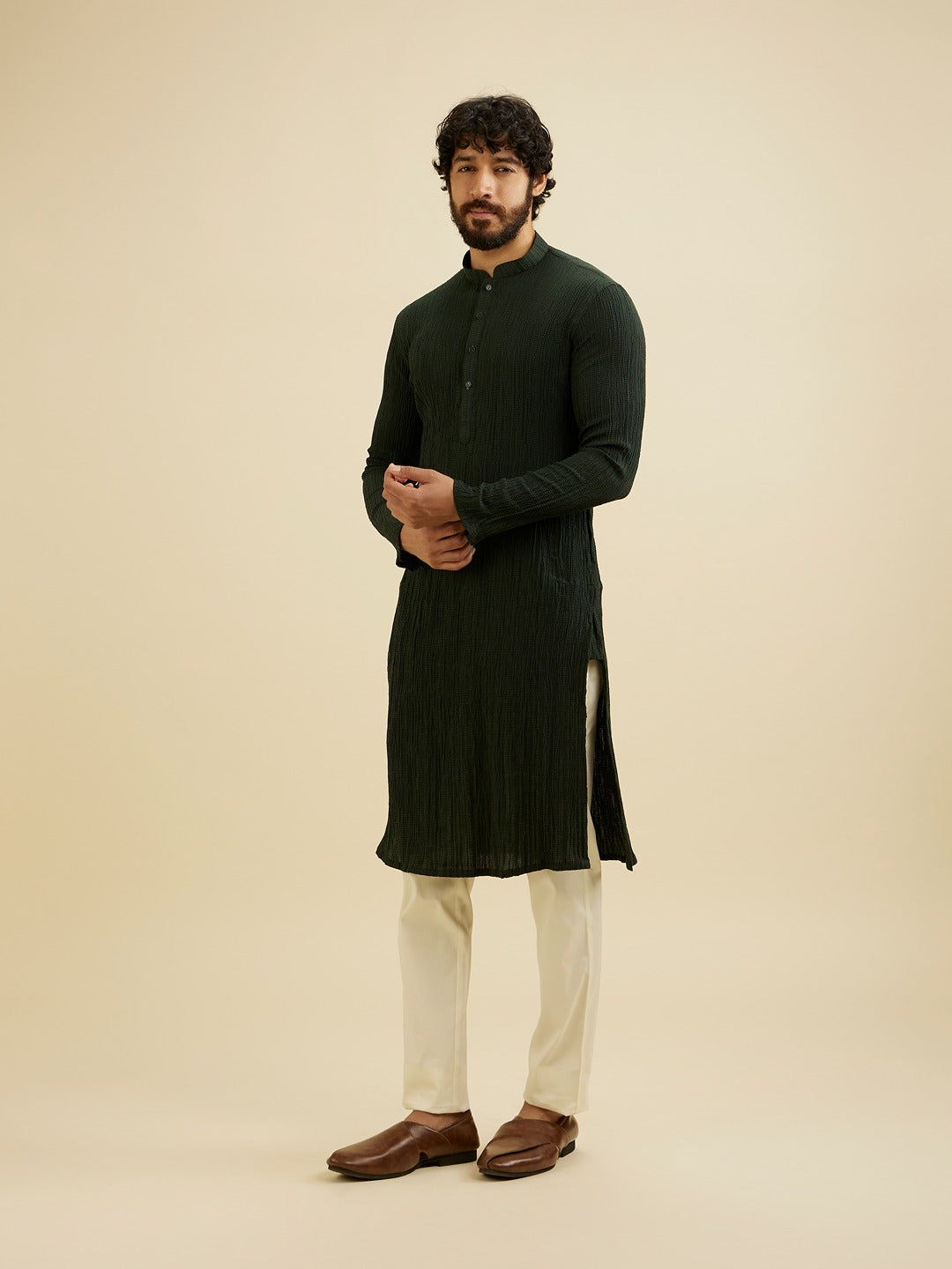 Men's Green Ethnic Regular Fit Solid Full Sleeves Kurta