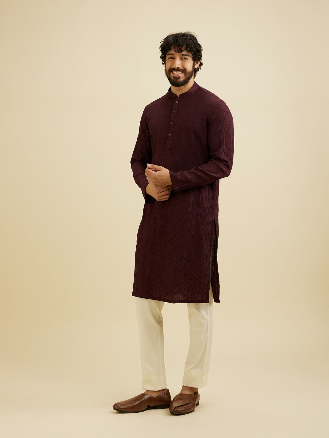 Men's Brown Ethnic Regular Fit Solid Full Sleeves Kurta