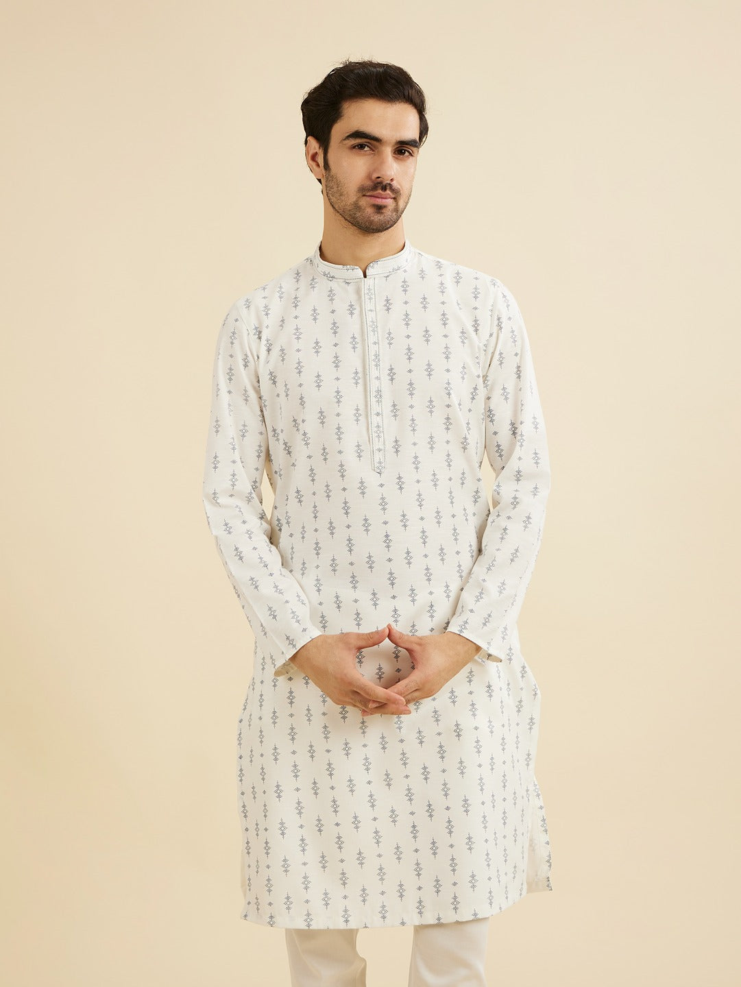 Men's White Ethnic Regular Fit Printed Full Sleeves Kurta