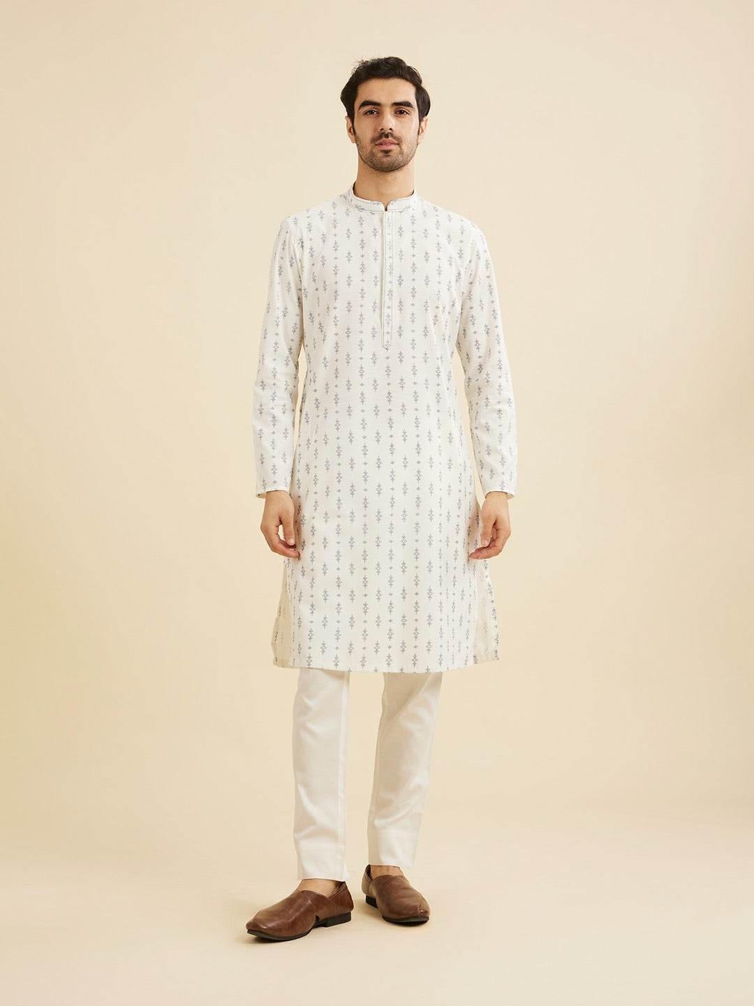 Men's White Ethnic Regular Fit Printed Full Sleeves Kurta