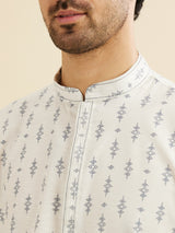 Men's White Ethnic Regular Fit Printed Full Sleeves Kurta