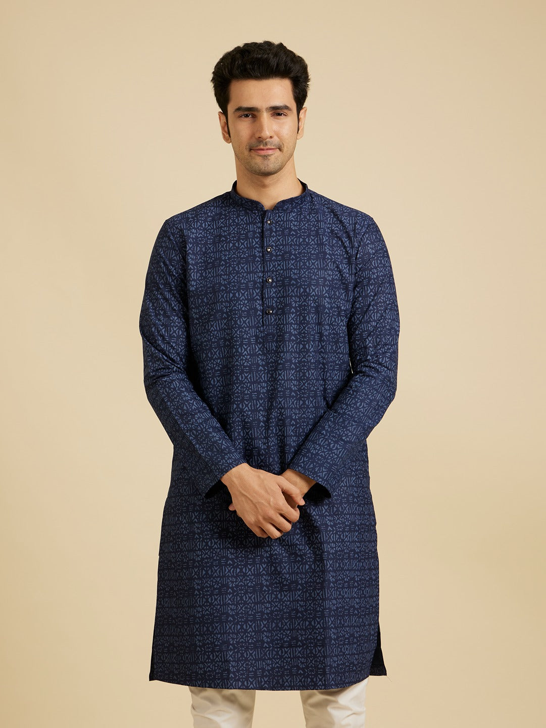 Men's Blue Ethnic Regular Fit Printed Full Sleeves Kurta