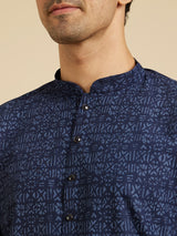Men's Blue Ethnic Regular Fit Printed Full Sleeves Kurta