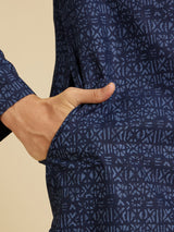 Men's Blue Ethnic Regular Fit Printed Full Sleeves Kurta