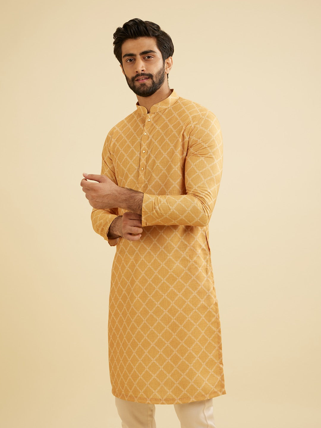 Men's Yellow Ethnic Regular Fit Solid Full Sleeves Kurta