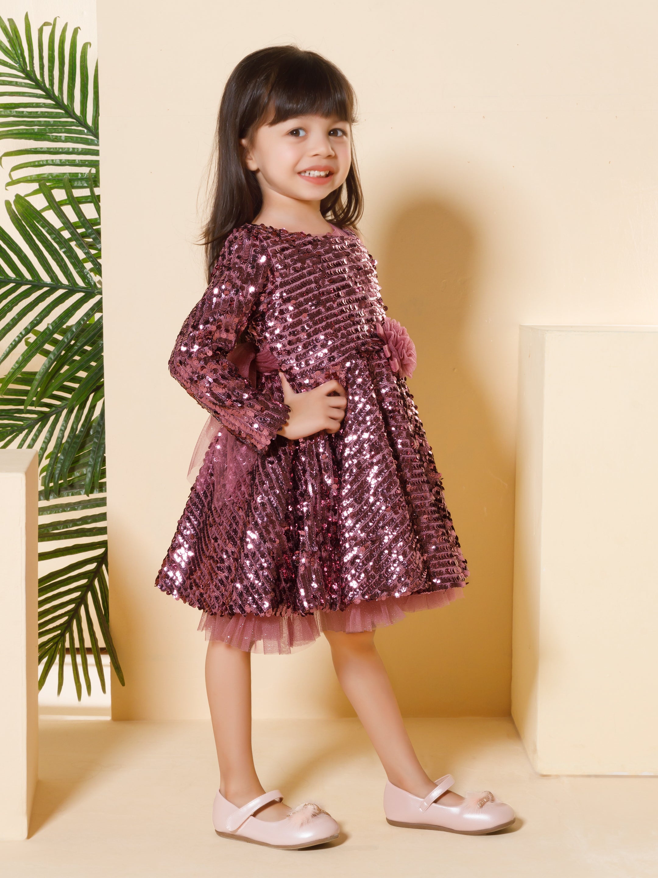 Girls Pink Party Full Sleeves Dress