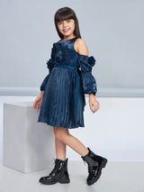 Girls Blue Party Full Sleeves Dress With Belt