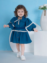 Girls Blue Casual Full Sleeves Dress with Belt