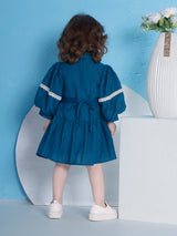 Girls Blue Casual Full Sleeves Dress with Belt