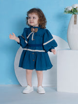 Girls Blue Casual Full Sleeves Dress with Belt