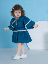 Girls Blue Casual Full Sleeves Dress with Belt