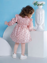 Girls Peach Party Full Sleeves Dress with Belt