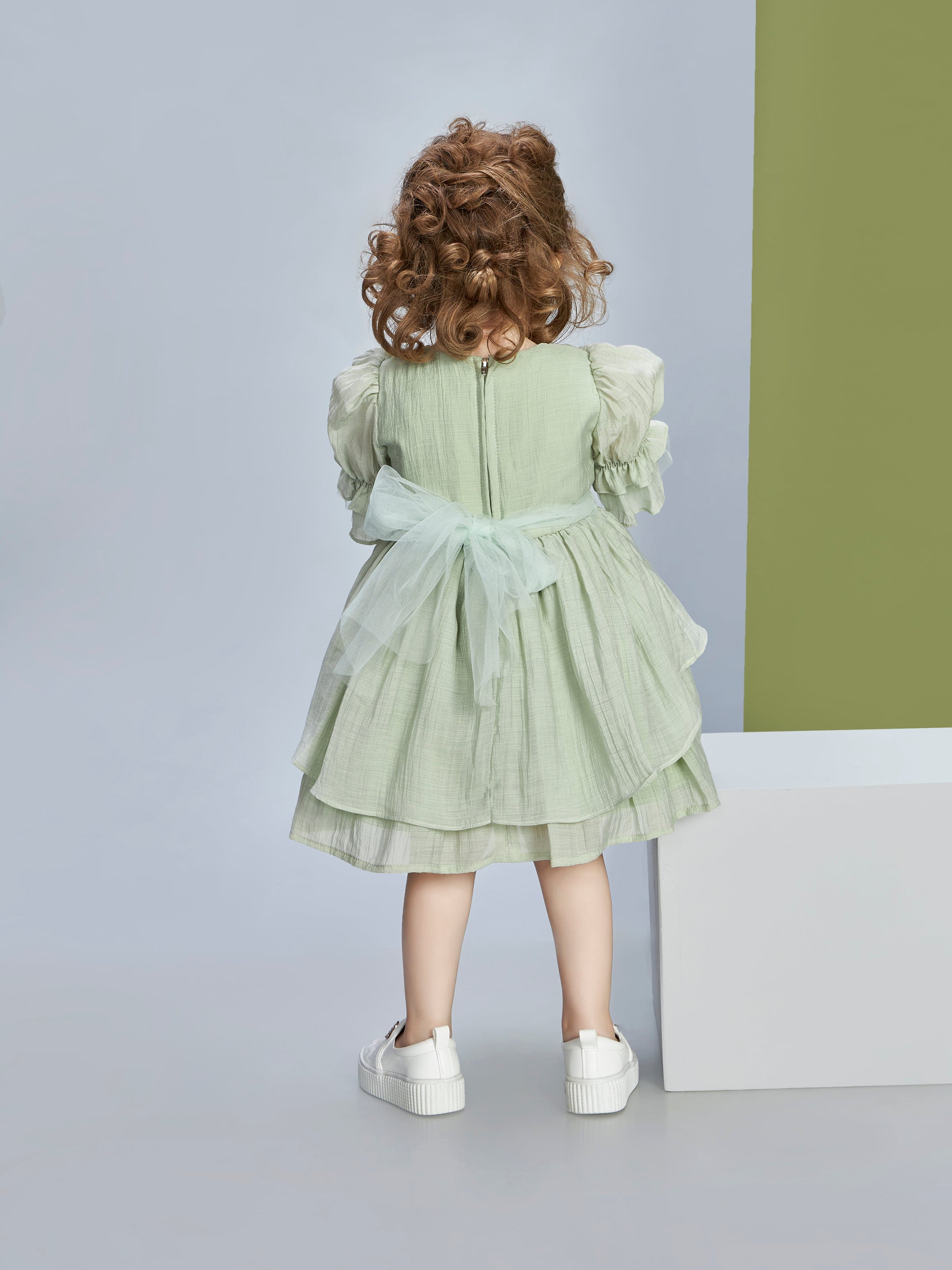 Girls Green Party Three Quarter Sleeves Dress