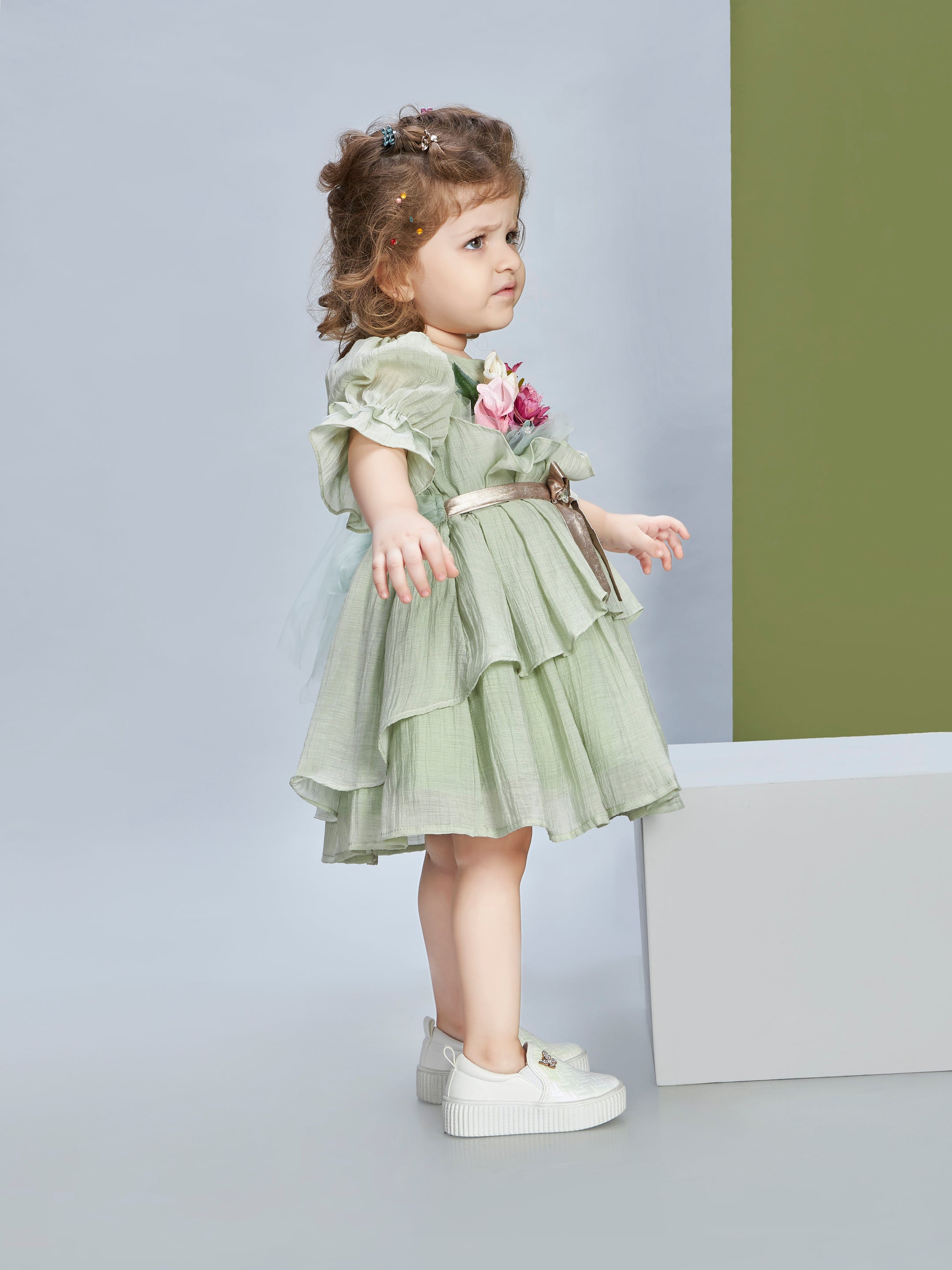 Girls Green Party Three Quarter Sleeves Dress