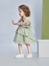 Girls Green Party Three Quarter Sleeves Dress