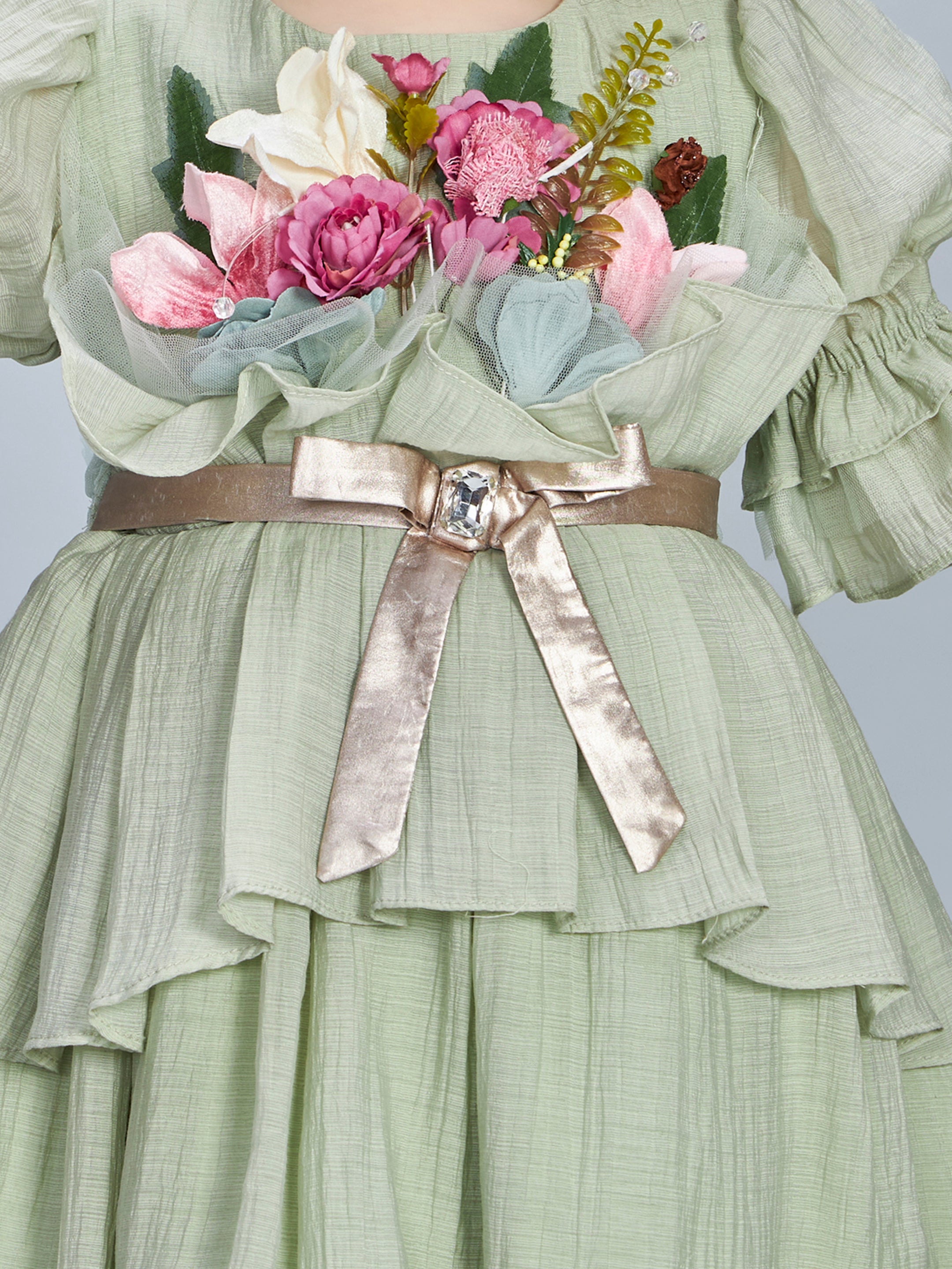 Girls Green Party Three Quarter Sleeves Dress