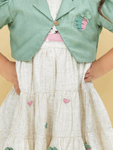 Girls Green Party Half Sleeves Dress with Jacket