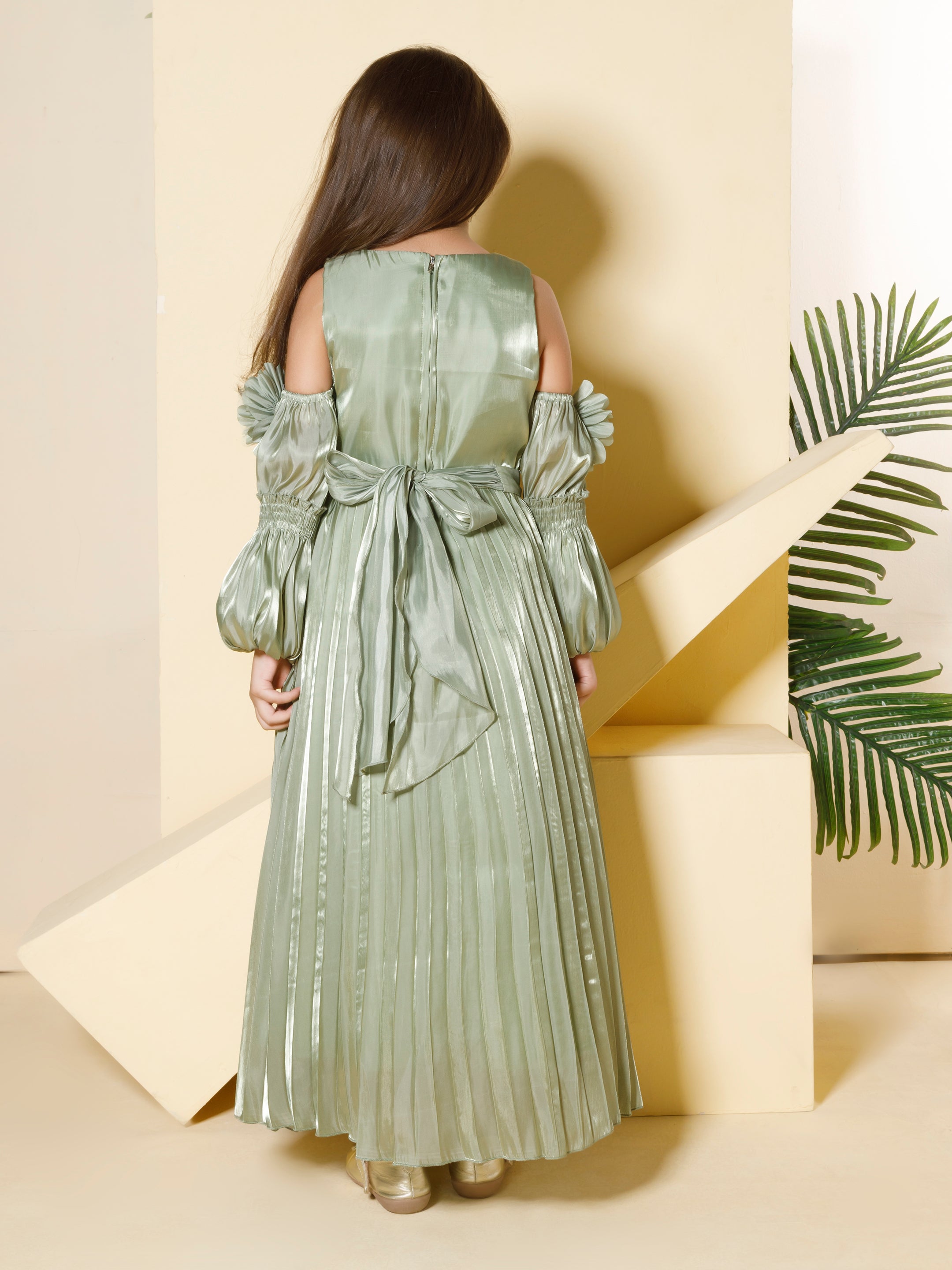 Girls Green Party Wear Gown With Belt