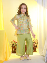 Girls Green Festive Wear Top and Pant Set