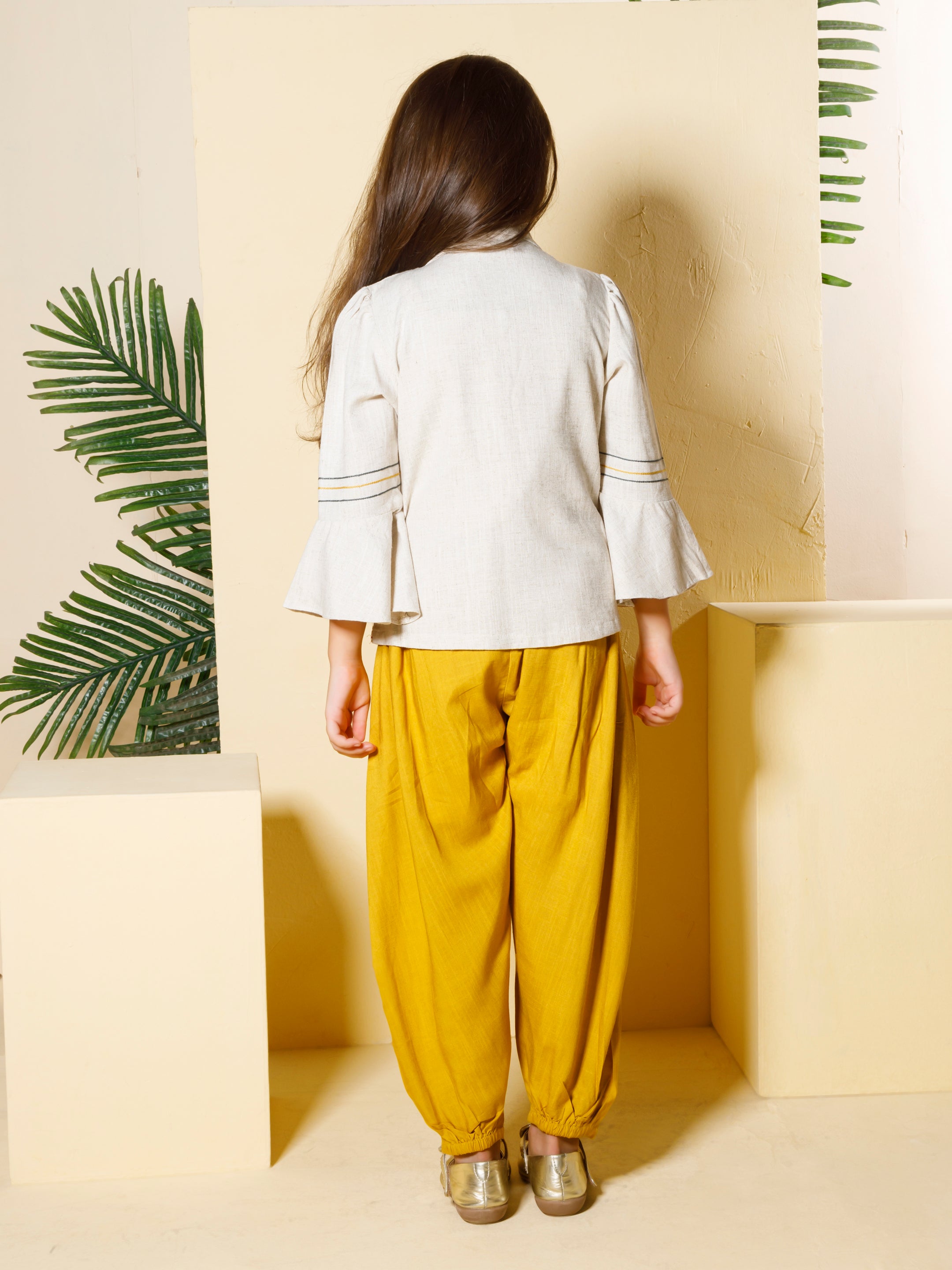 Girls Mustard Festive Top Pant with Jacket