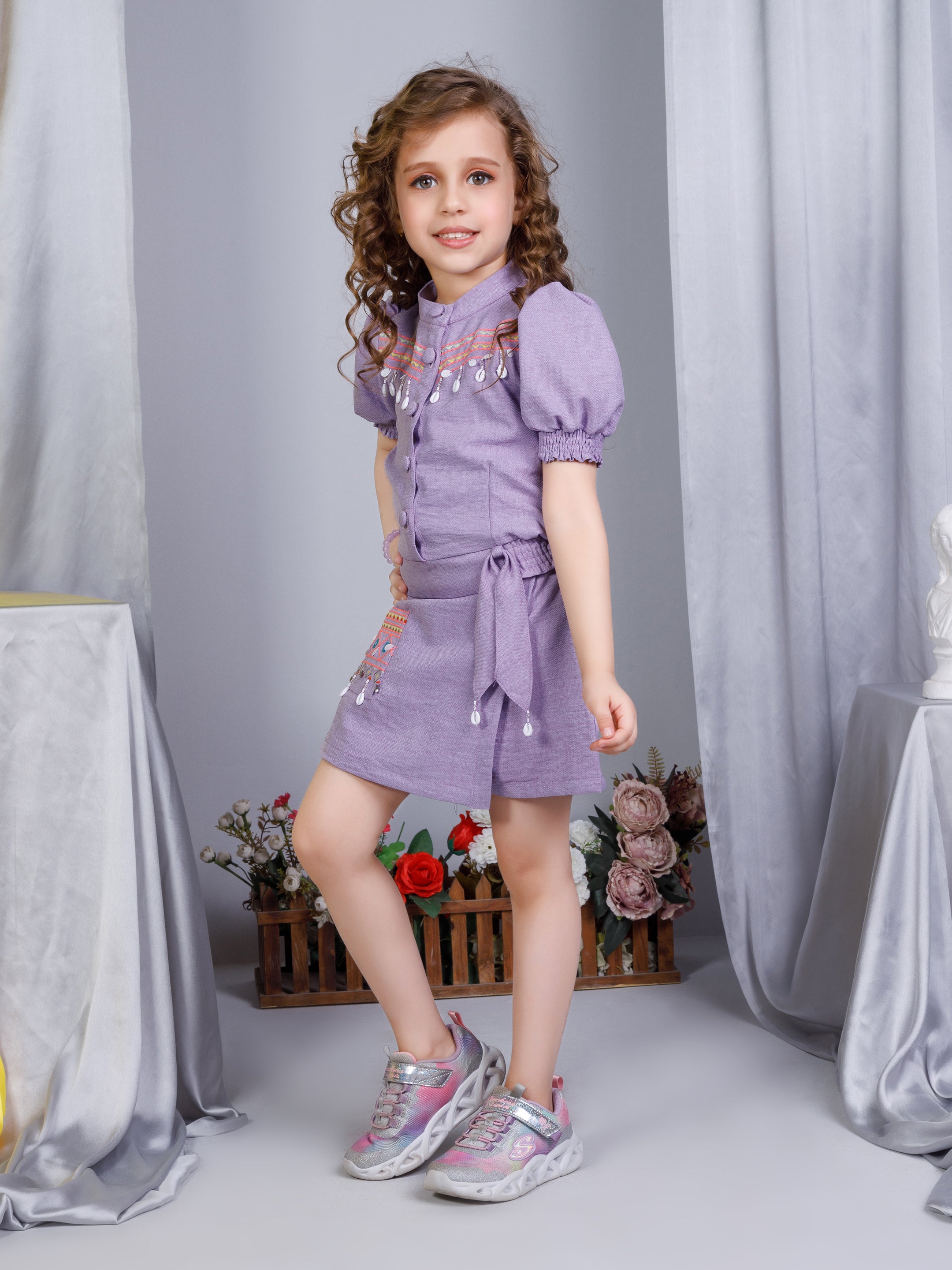 Girls Purple Festive Wear Top and Shorts Set