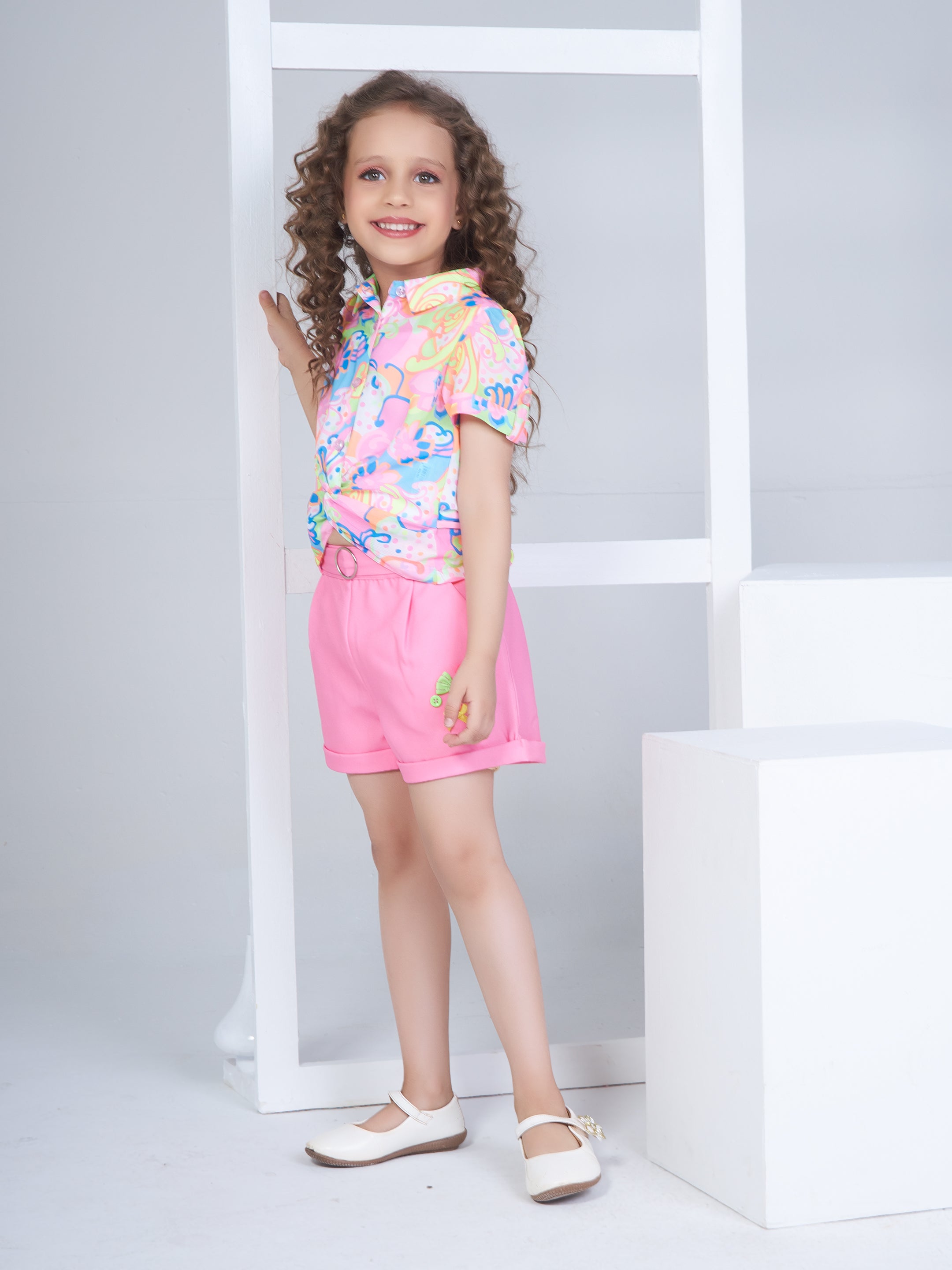Girls Multicolor Casual Wear Top and Shorts Set