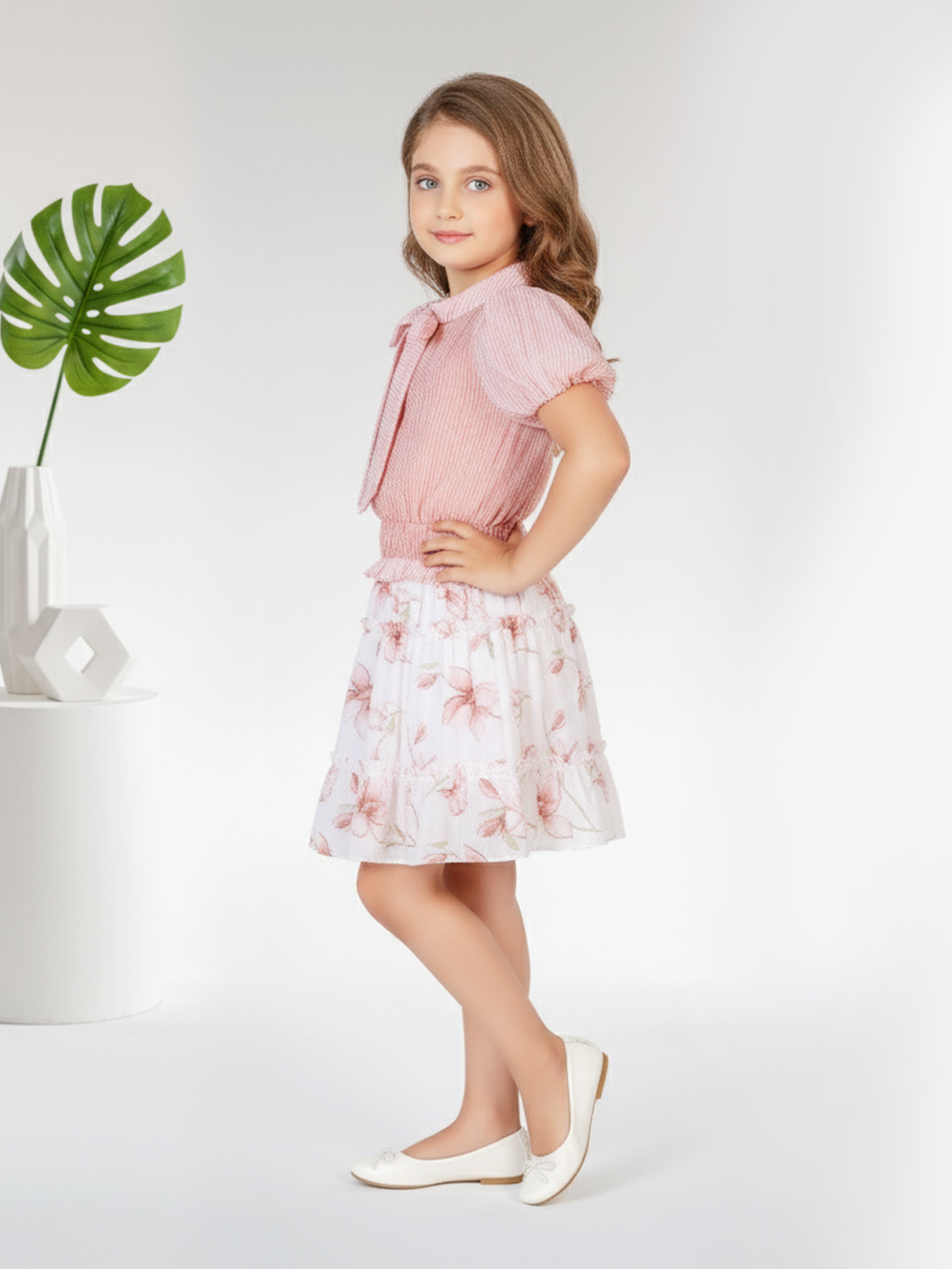 Girls Peach Party Wear Skirt With Top