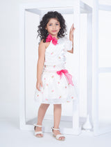 Girls Cream Party Wear Top Skirt With Belt