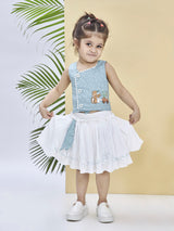 Girls Sea Green Casual Skirt with Top