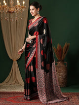 Women's Crepe Black Printed Designer Saree with Blouse Piece