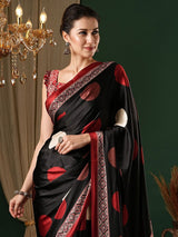 Women's Crepe Black Printed Designer Saree with Blouse Piece