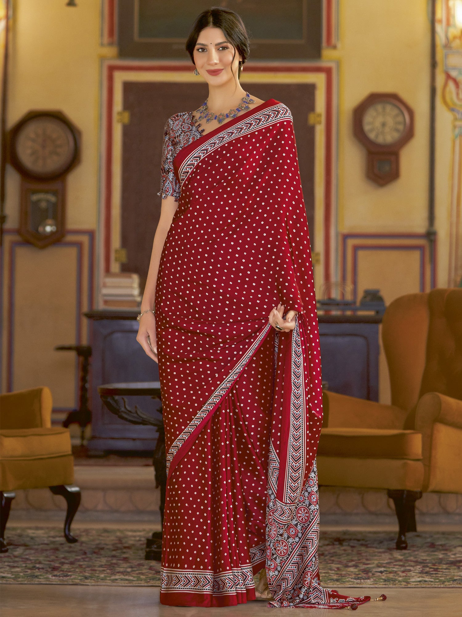 Women's Crepe Red Printed Designer Saree with Blouse Piece