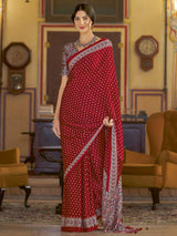 Women's Crepe Red Printed Designer Saree with Blouse Piece