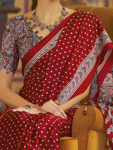 Women's Crepe Red Printed Designer Saree with Blouse Piece