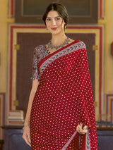 Women's Crepe Red Printed Designer Saree with Blouse Piece