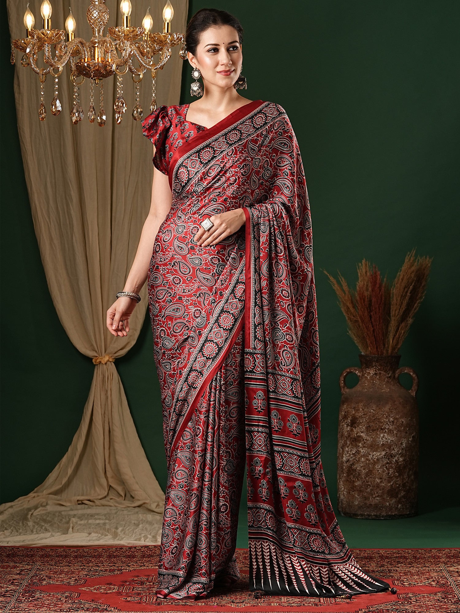 Women's Crepe Red Printed Designer Saree with Blouse Piece