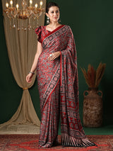 Women's Crepe Red Printed Designer Saree with Blouse Piece