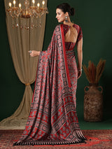 Women's Crepe Red Printed Designer Saree with Blouse Piece