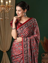 Women's Crepe Red Printed Designer Saree with Blouse Piece