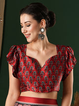 Women's Crepe Red Printed Designer Saree with Blouse Piece