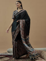 Women's Crepe Black Printed Designer Saree with Blouse Piece