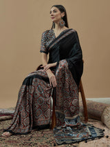 Women's Crepe Black Printed Designer Saree with Blouse Piece