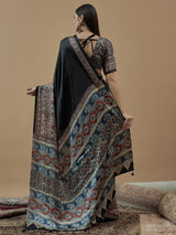 Women's Crepe Black Printed Designer Saree with Blouse Piece