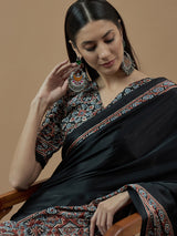 Women's Crepe Black Printed Designer Saree with Blouse Piece